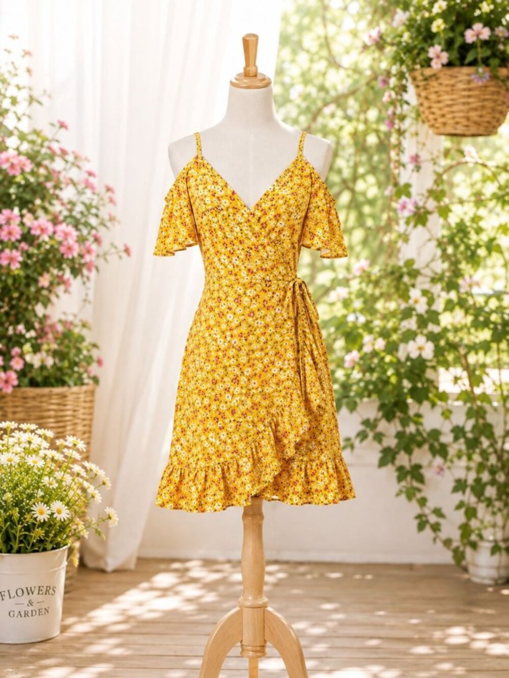 Sienna Sky Women’s Yellow Floral Cold Shoulder Wrap Dress With Tie XS